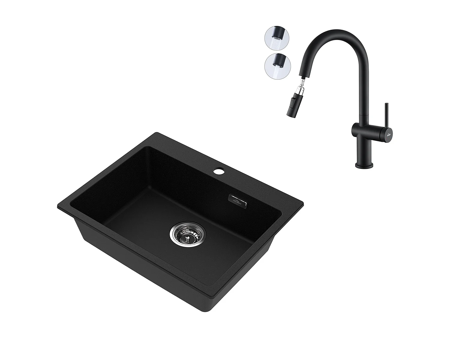 1 Bac Évier Cuisine en Granit,55*45*20cm,Kit de Vidage,Noir  +robinet de cuisine rétractable à deux fonctions, Noir