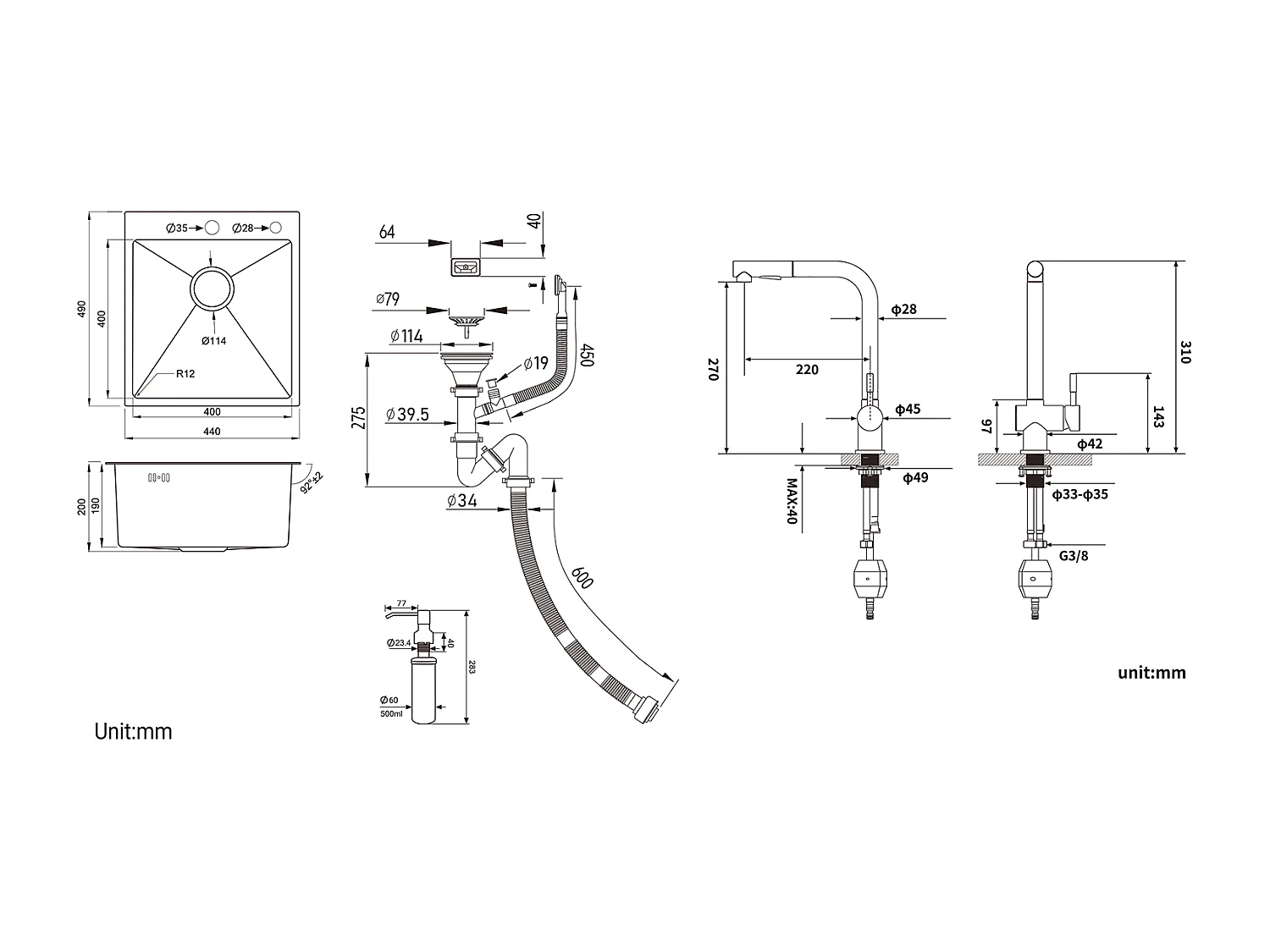 1-Behälter-Küchenspüle, silberfarben, 44 x 49 x 20 cm, mit Seifenspender, Edelstahl + Küchenarmatur, ausziehbare Brause, zwei Düsen, schwenkbar um 360°
