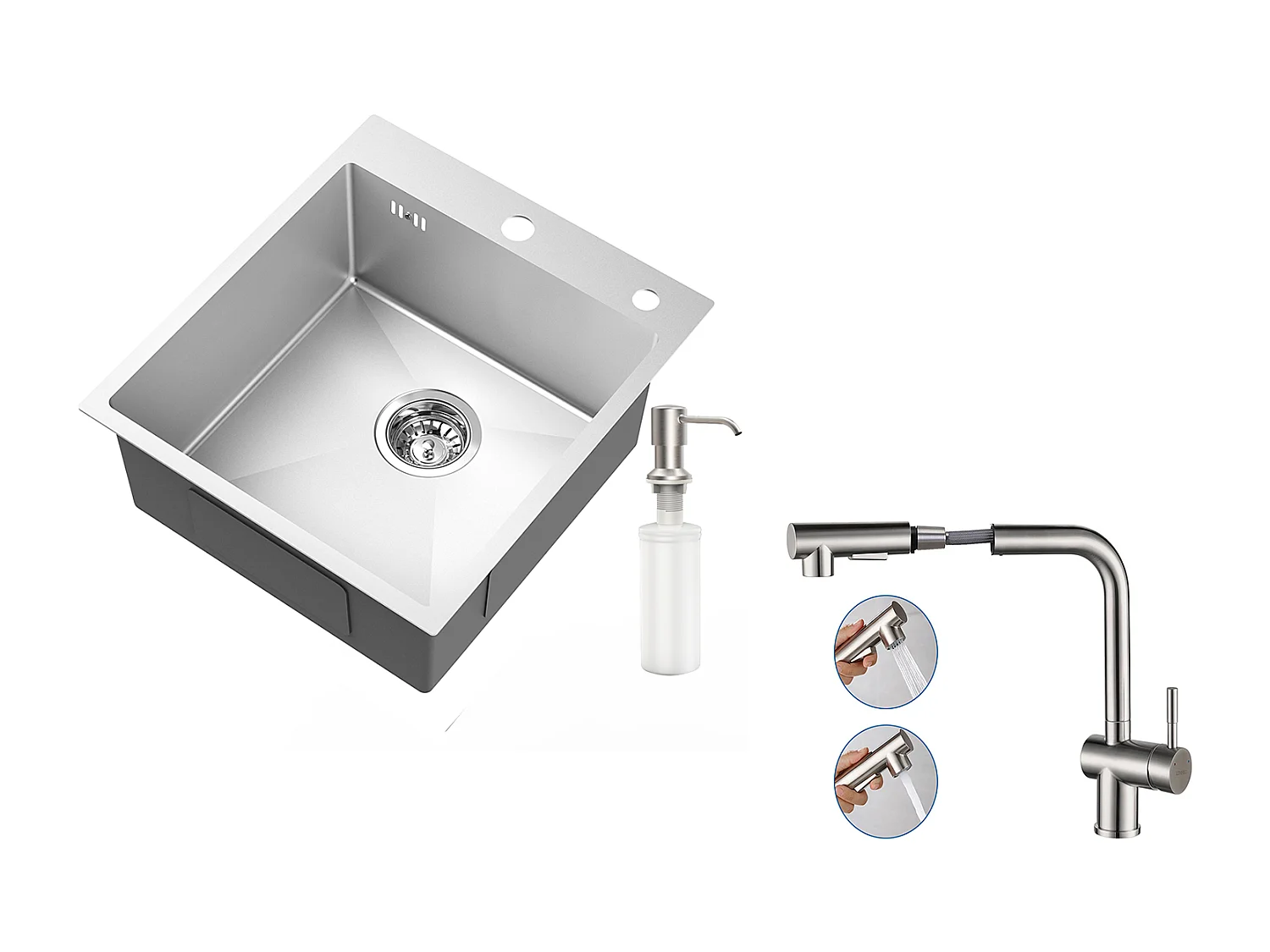 Évier Cuisine 1Bac Argent,44*49*20 CM,avec Distributeur Savon,Inox+Robinet Cuisine Douchette Extractible Deux Jets Pivotant 360°