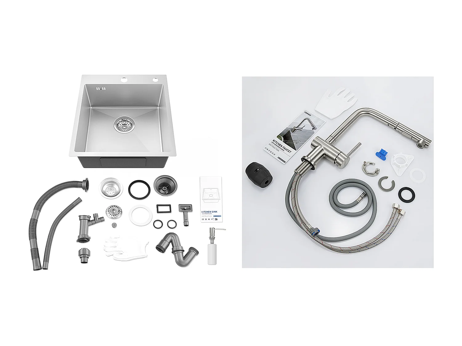 Évier Cuisine 1Bac Argent,44*49*20 CM,avec Distributeur Savon,Inox+Robinet Cuisine Douchette Extractible Deux Jets Pivotant 360°