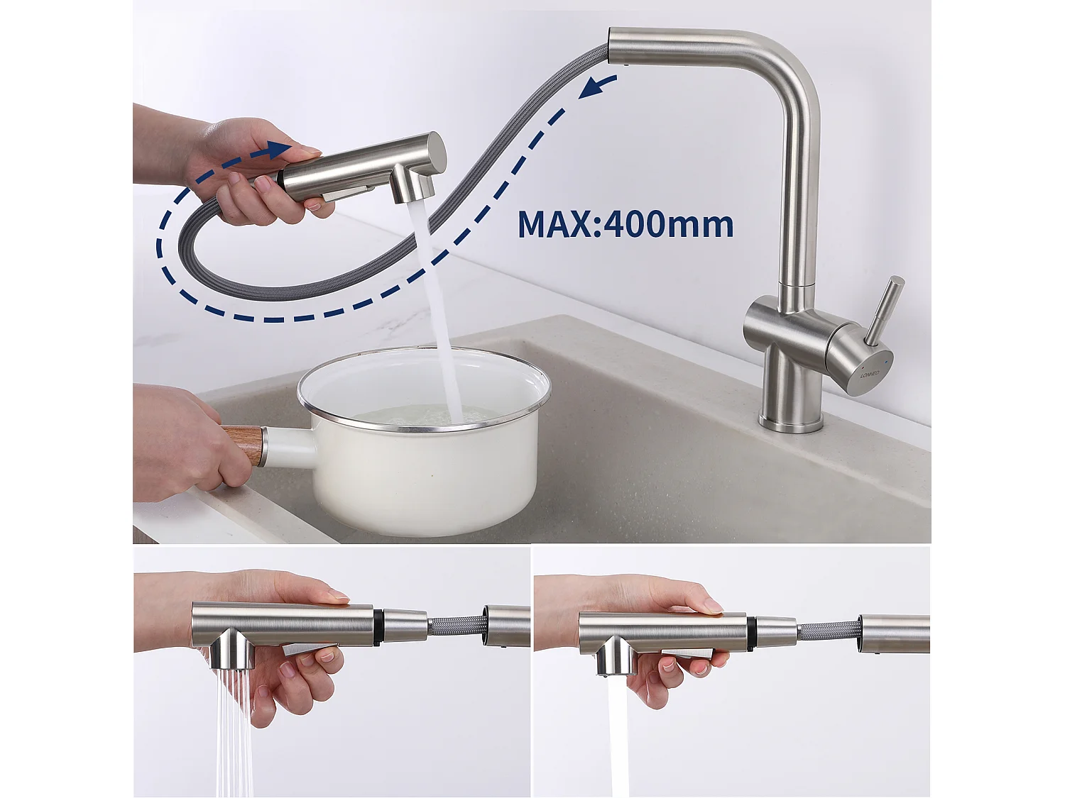 Évier Cuisine 1Bac Argent,44*49*20 CM,avec Distributeur Savon,Inox+Robinet Cuisine Douchette Extractible Deux Jets Pivotant 360°