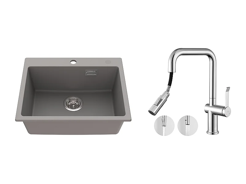 1 Bac Évier Cuisine en Granit,55*45*20cm,Kit Vidage,Gris +Robinet Cuisine avecDouchette Extractible,2 Fonctions,Barboteur démontable,Chromé
