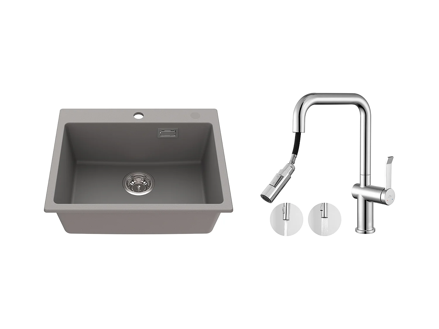 1 Bac Évier Cuisine en Granit,55*45*20cm,Kit Vidage,Gris +Robinet Cuisine avecDouchette Extractible,2 Fonctions,Barboteur démontable,Chromé