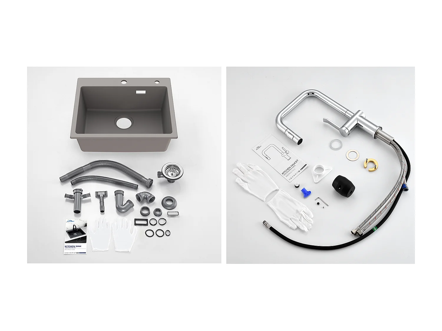 1 Bac Évier Cuisine en Granit,55*45*20cm,Kit Vidage,Gris +Robinet Cuisine avecDouchette Extractible,2 Fonctions,Barboteur démontable,Chromé