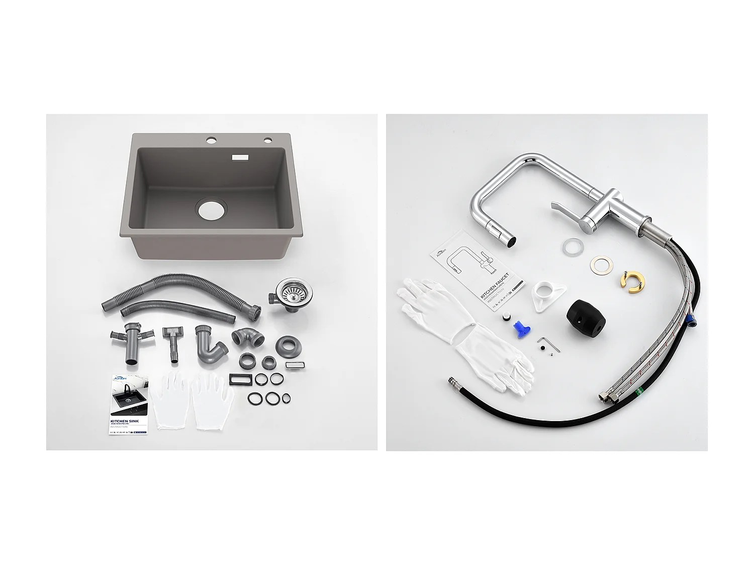 1 Bac Évier Cuisine en Granit,55*45*20cm,Kit Vidage,Gris +Robinet Cuisine avecDouchette Extractible,2 Fonctions,Barboteur démontable,Chromé
