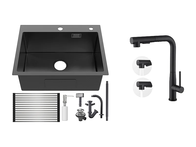 Aanrecht 1Bak 58*45*18CM, met Oprolbare gootsteenafdruiprek/Zeepdispenser+Keukenkraan met 360° Draaibare Uittrekbare Douche,Zwart