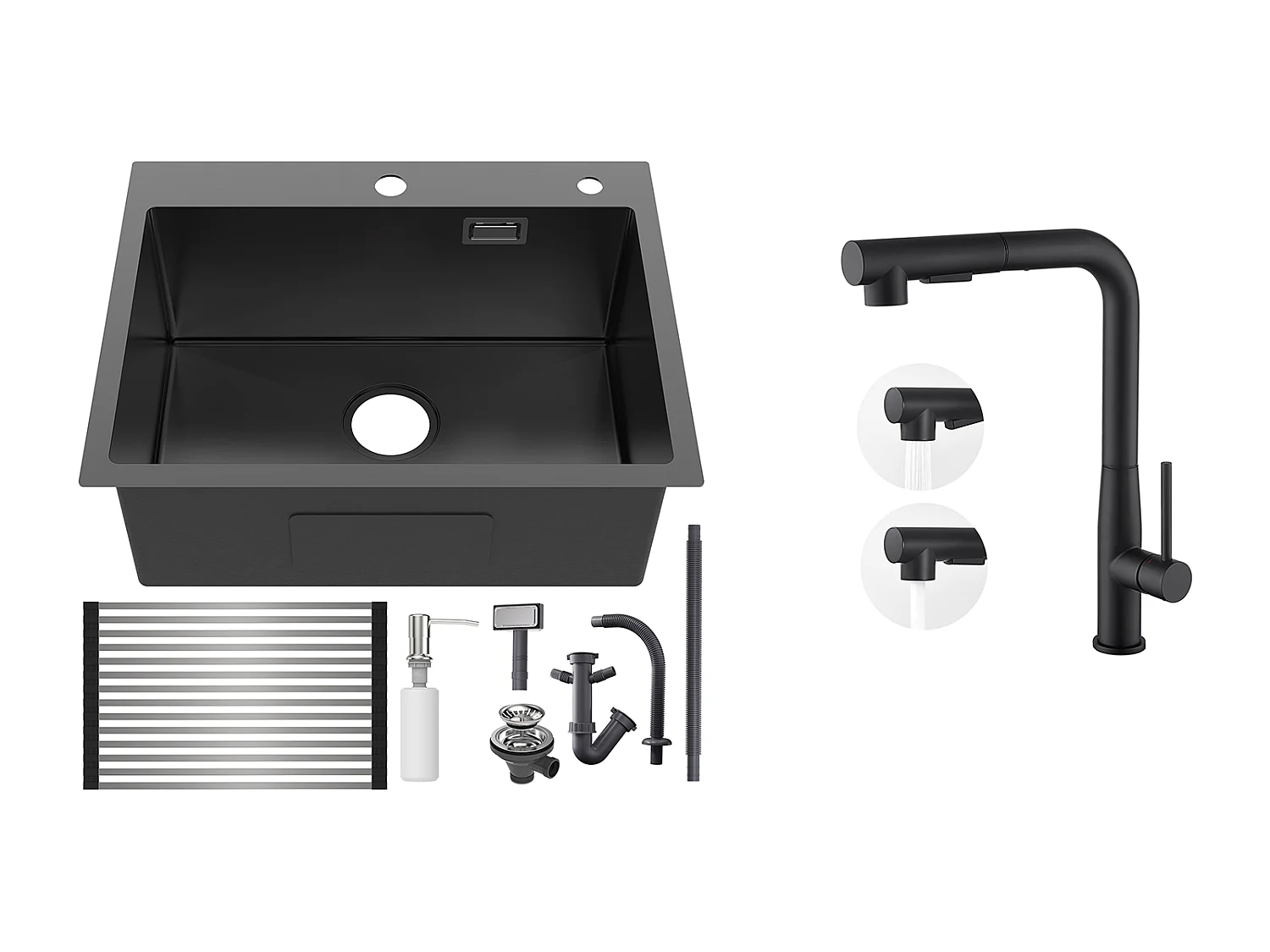 Aanrecht 1Bak 58*45*18CM, met Oprolbare gootsteenafdruiprek/Zeepdispenser+Keukenkraan met 360° Draaibare Uittrekbare Douche,Zwart