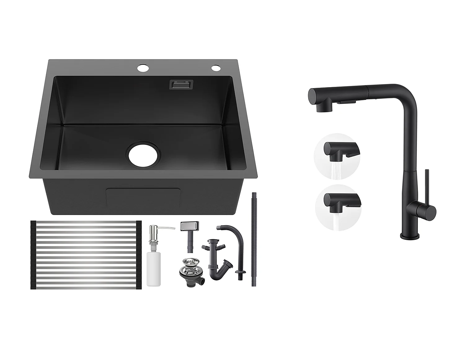 Évier Cuisine1Bac 58*45*18CM,avec Egouttoir évier Enroulable/Distributeur Savon+Robinet Cuisine avecDouchette Extractible Rotatif 360°,Noir