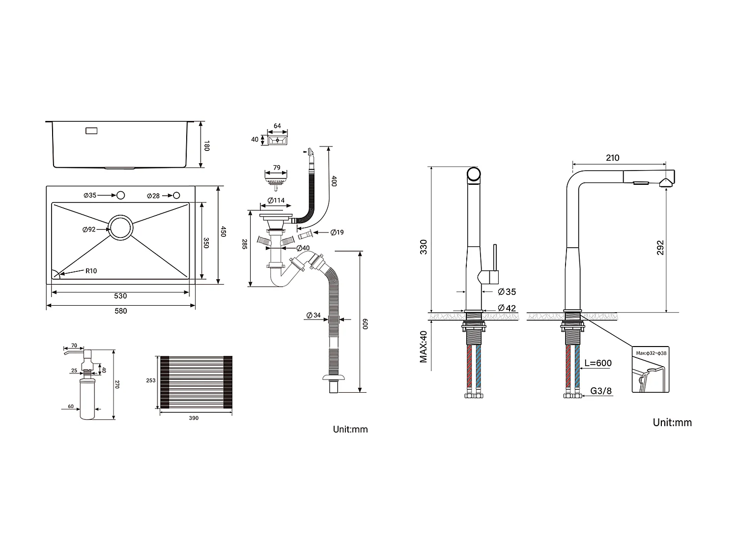 Évier Cuisine1Bac 58*45*18CM,avec Egouttoir évier Enroulable/Distributeur Savon+Robinet Cuisine avecDouchette Extractible Rotatif 360°,Noir