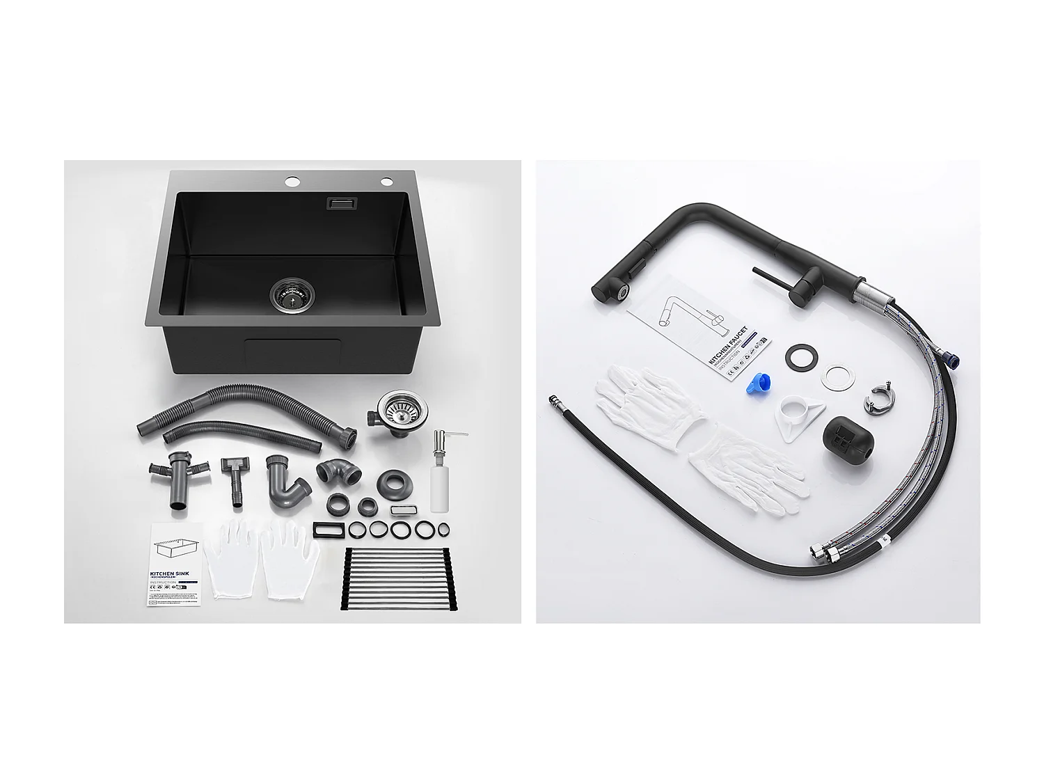 Évier Cuisine1Bac 58*45*18CM,avec Egouttoir évier Enroulable/Distributeur Savon+Robinet Cuisine avecDouchette Extractible Rotatif 360°,Noir