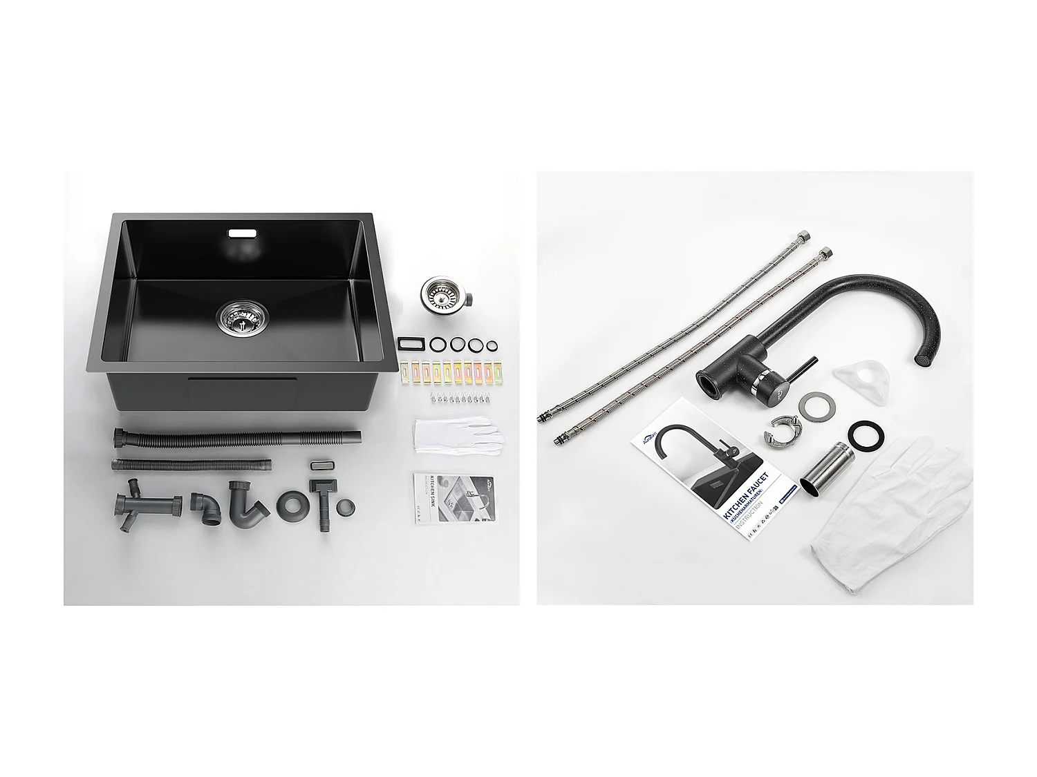Lavello da Cucina 1 Vassoio 55*44*19CM, da incasso/Fiore/Sottopiano,Nero+Rubinetto Cucina Rotativo 360°Acaua Freddae Caldo Bianco