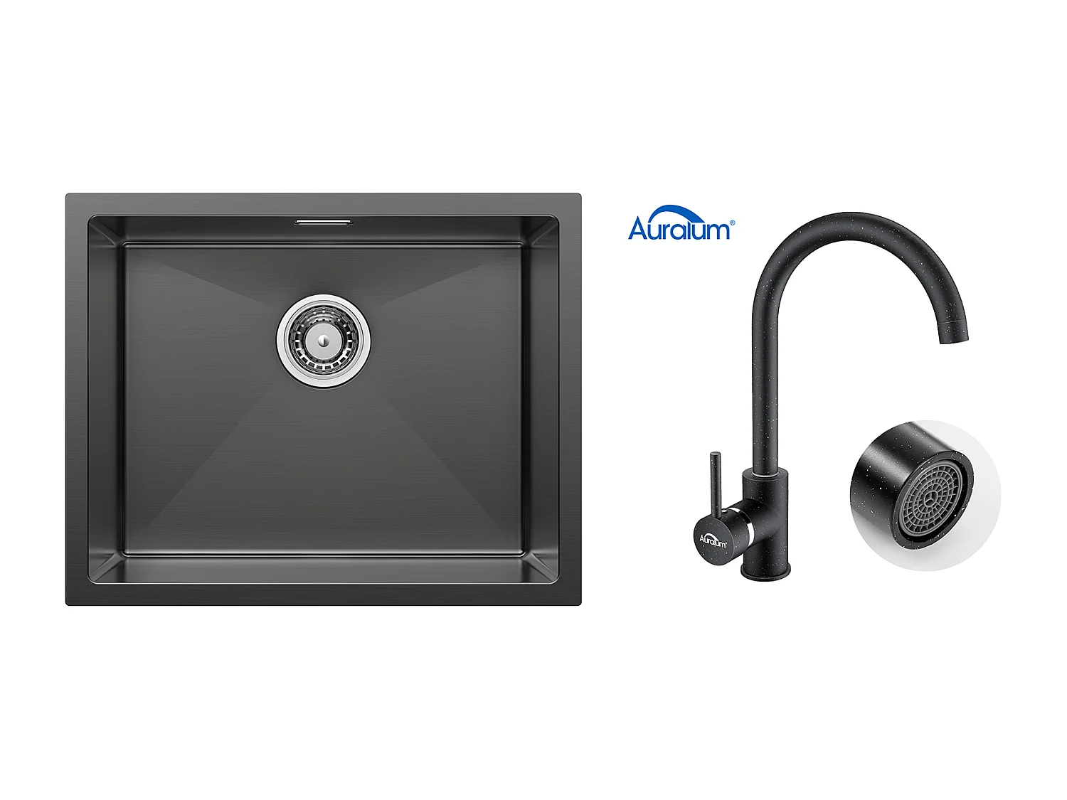 Lavello da Cucina 1 Vassoio 55*44*19CM, da incasso/Fiore/Sottopiano,Nero+Rubinetto Cucina Rotativo 360°Acaua Freddae Caldo Bianco