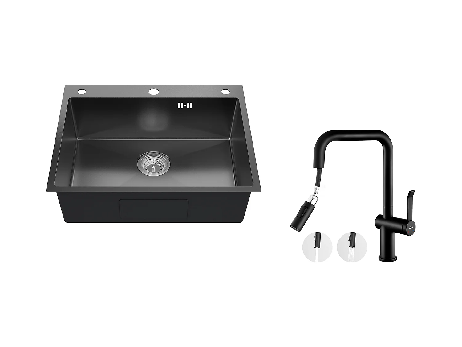 Auralum max Évier Cuisine à Encastrer,1 Bac,60*49*20CM,Acier inoxydable 304,Noir+Robinet Cuisine avec Douchette Extractible,2 Fonctions,Noir