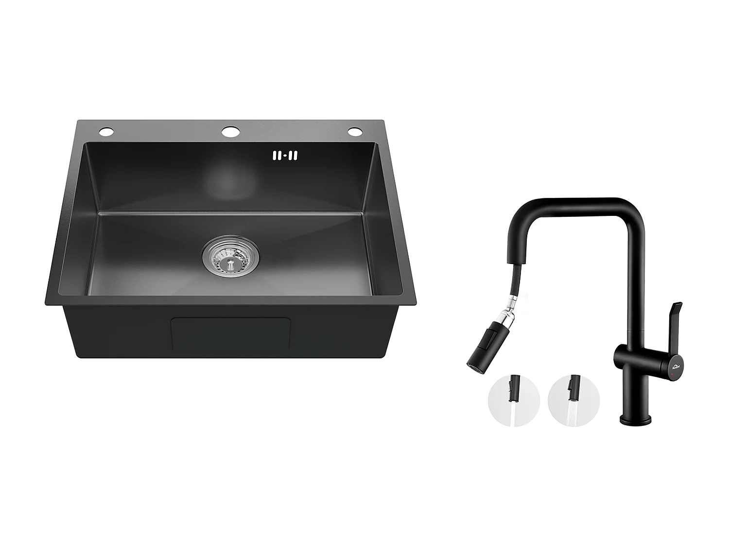 Auralum max Évier Cuisine à Encastrer,1 Bac,60*49*20CM,Acier inoxydable 304,Noir+Robinet Cuisine avec Douchette Extractible,2 Fonctions,Noir