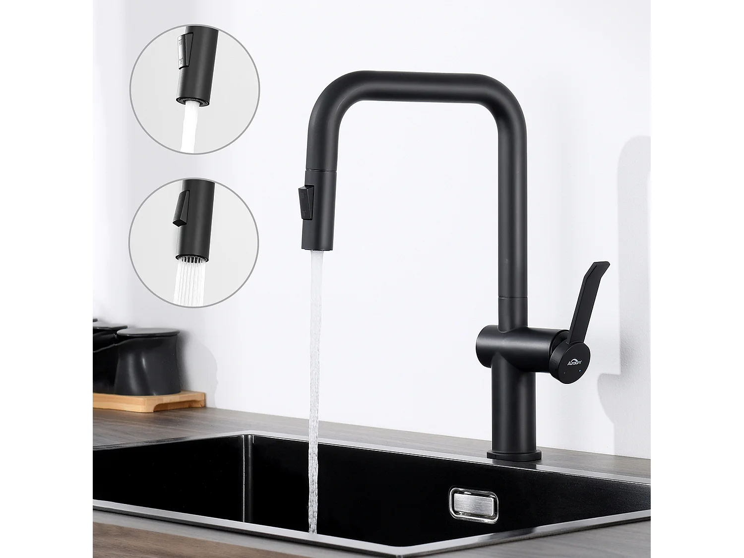 Auralum max Évier Cuisine à Encastrer,1 Bac,60*49*20CM,Acier inoxydable 304,Noir+Robinet Cuisine avec Douchette Extractible,2 Fonctions,Noir