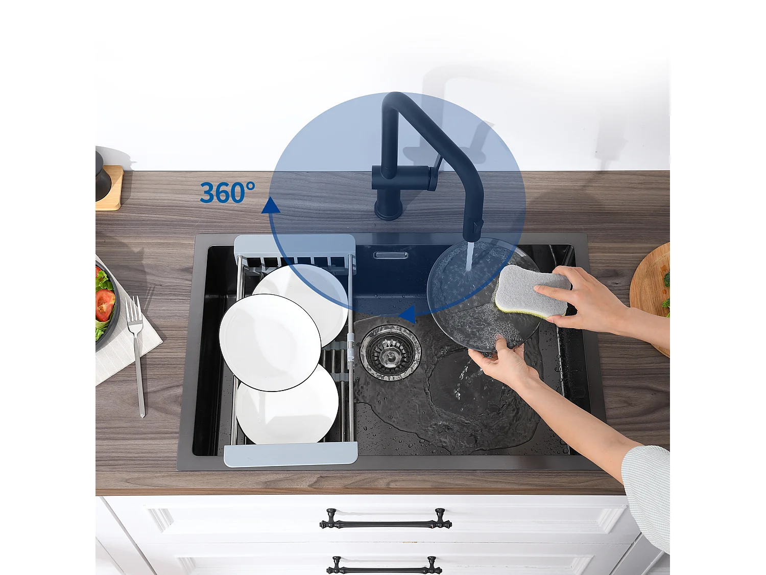 Auralum max Évier Cuisine à Encastrer,1 Bac,60*49*20CM,Acier inoxydable 304,Noir+Robinet Cuisine avec Douchette Extractible,2 Fonctions,Noir