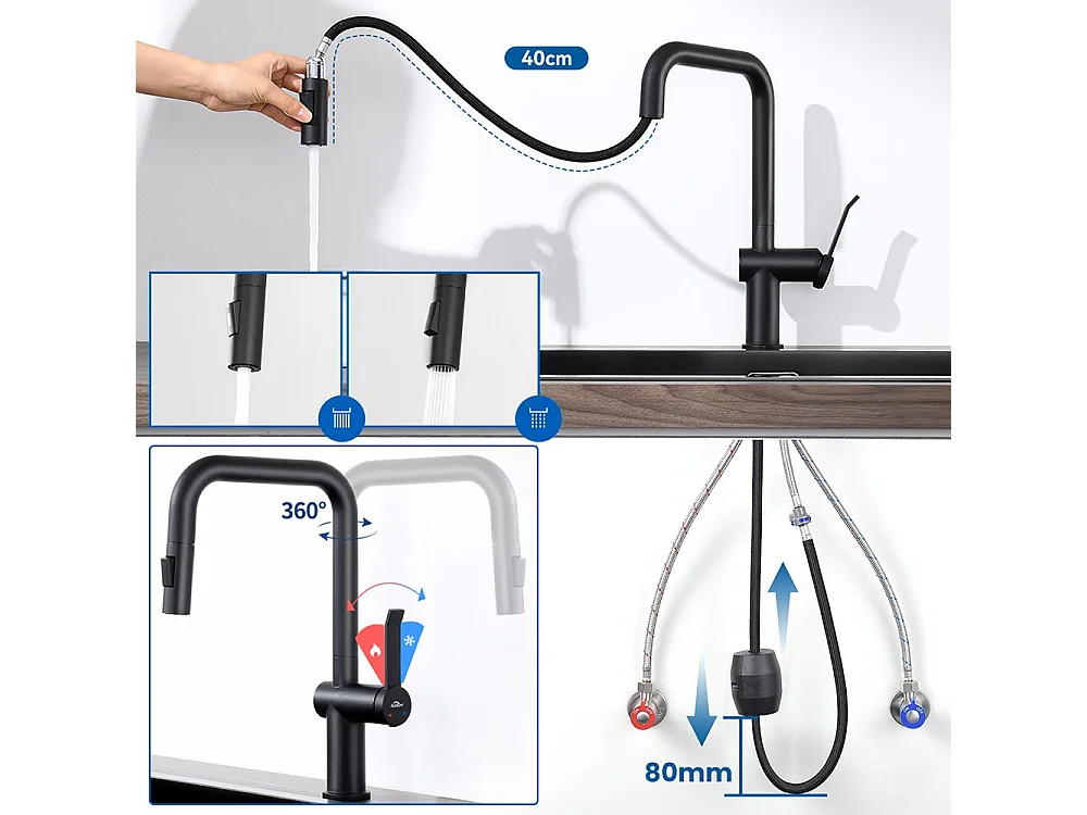 Auralum max Évier Cuisine à Encastrer,1 Bac,60*49*20CM,Acier inoxydable 304,Noir+Robinet Cuisine avec Douchette Extractible,2 Fonctions,Noir