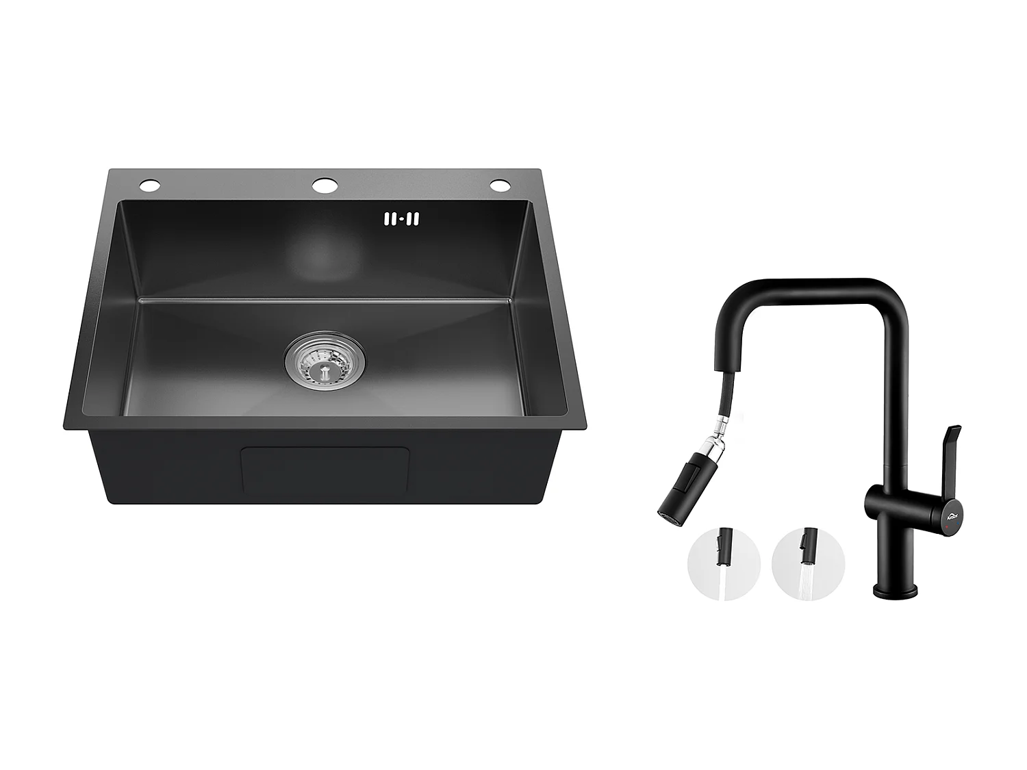 Auralum max Évier Cuisine à Encastrer,1 Bac,60*49*20CM,Acier inoxydable 304,Noir+Robinet Cuisine avec Douchette Extractible,2 Fonctions,Noir