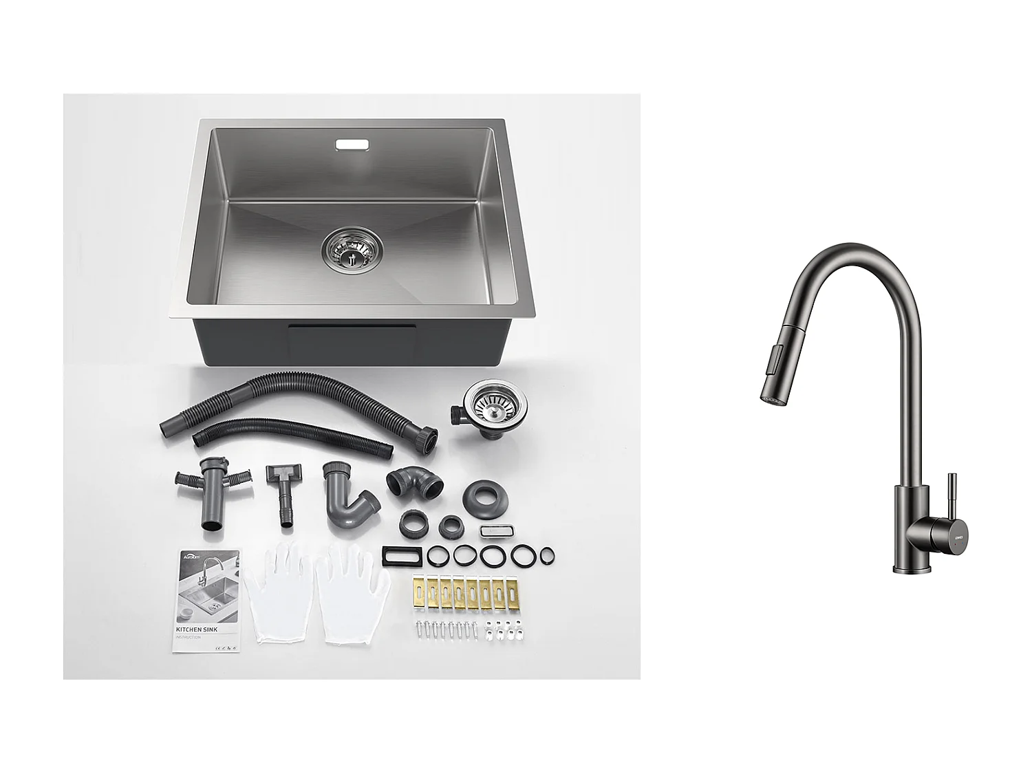 AuraLum Max Évier de Cuisine 1 Bac 55*44*19CM, à Encastrer/Fleur/ Sous-Plan,Brossé+Robinet Cuisine Douchette Extractible Gris Foncé Rotatif 360 °