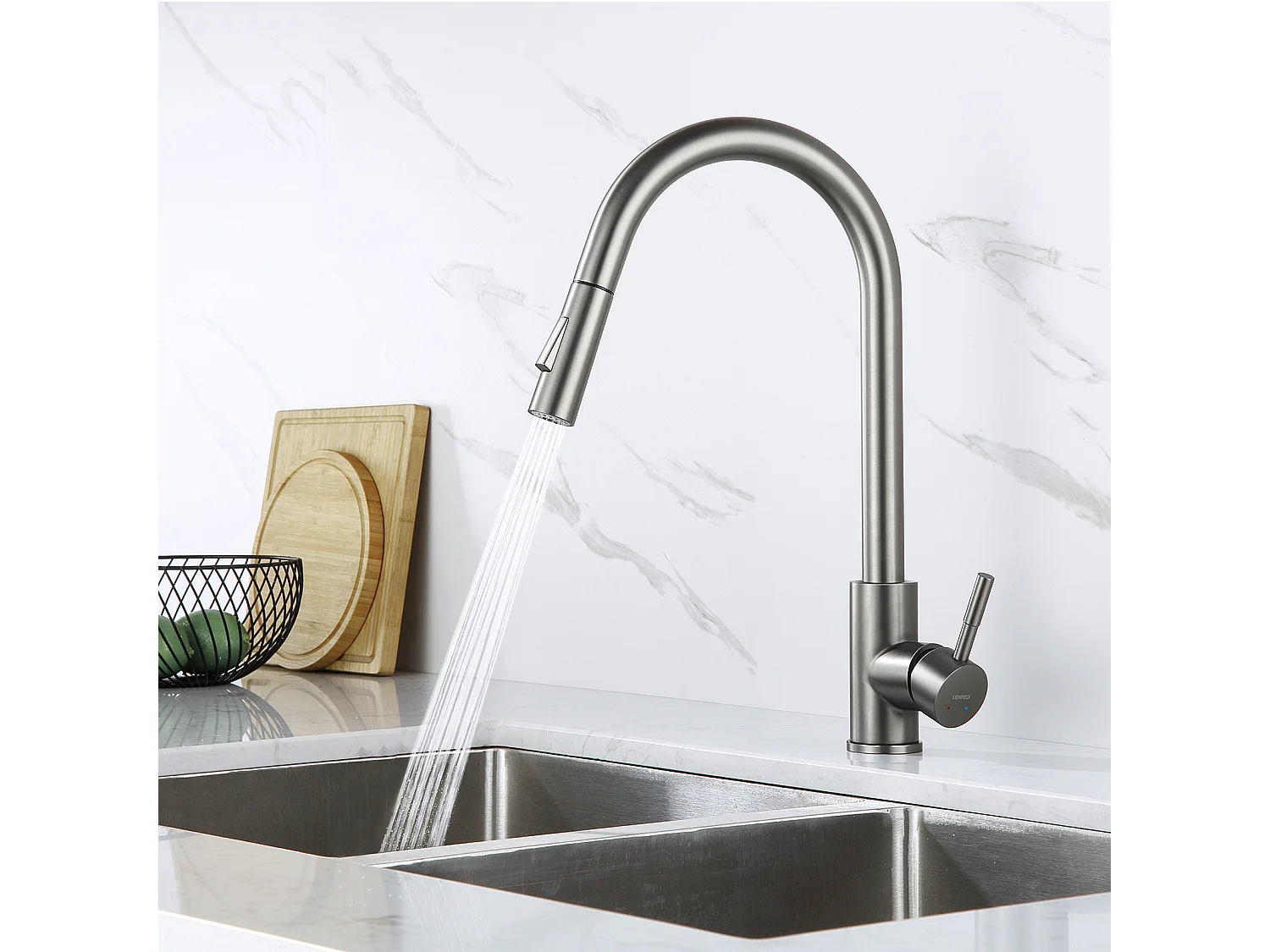 AuraLum Max Évier de Cuisine 1 Bac 55*44*19CM, à Encastrer/Fleur/ Sous-Plan,Brossé+Robinet Cuisine Douchette Extractible Gris Foncé Rotatif 360 °