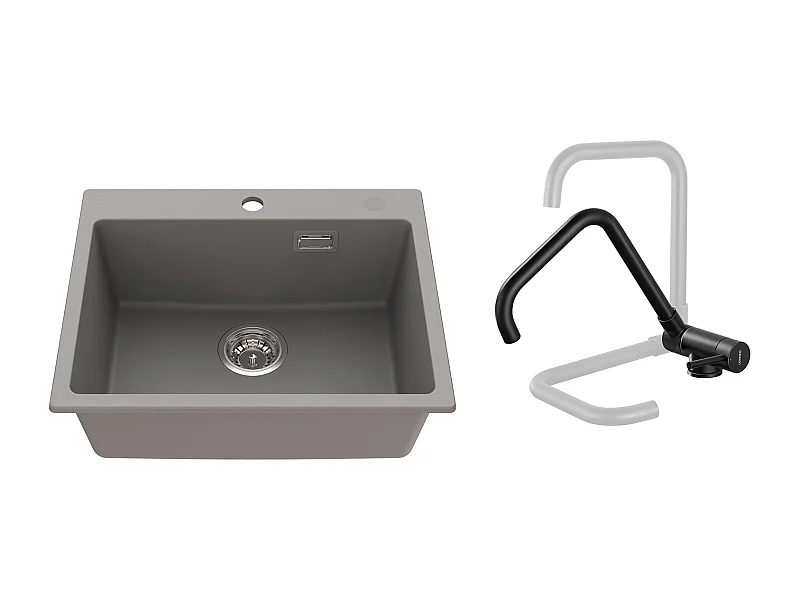 1 Bac Évier Cuisine en Granit,55*45*20cm,Kit de Vidage,Gris+Mitigeur Cuisine Rabattable Pivotant 360° Eau froid Chaud,Noir