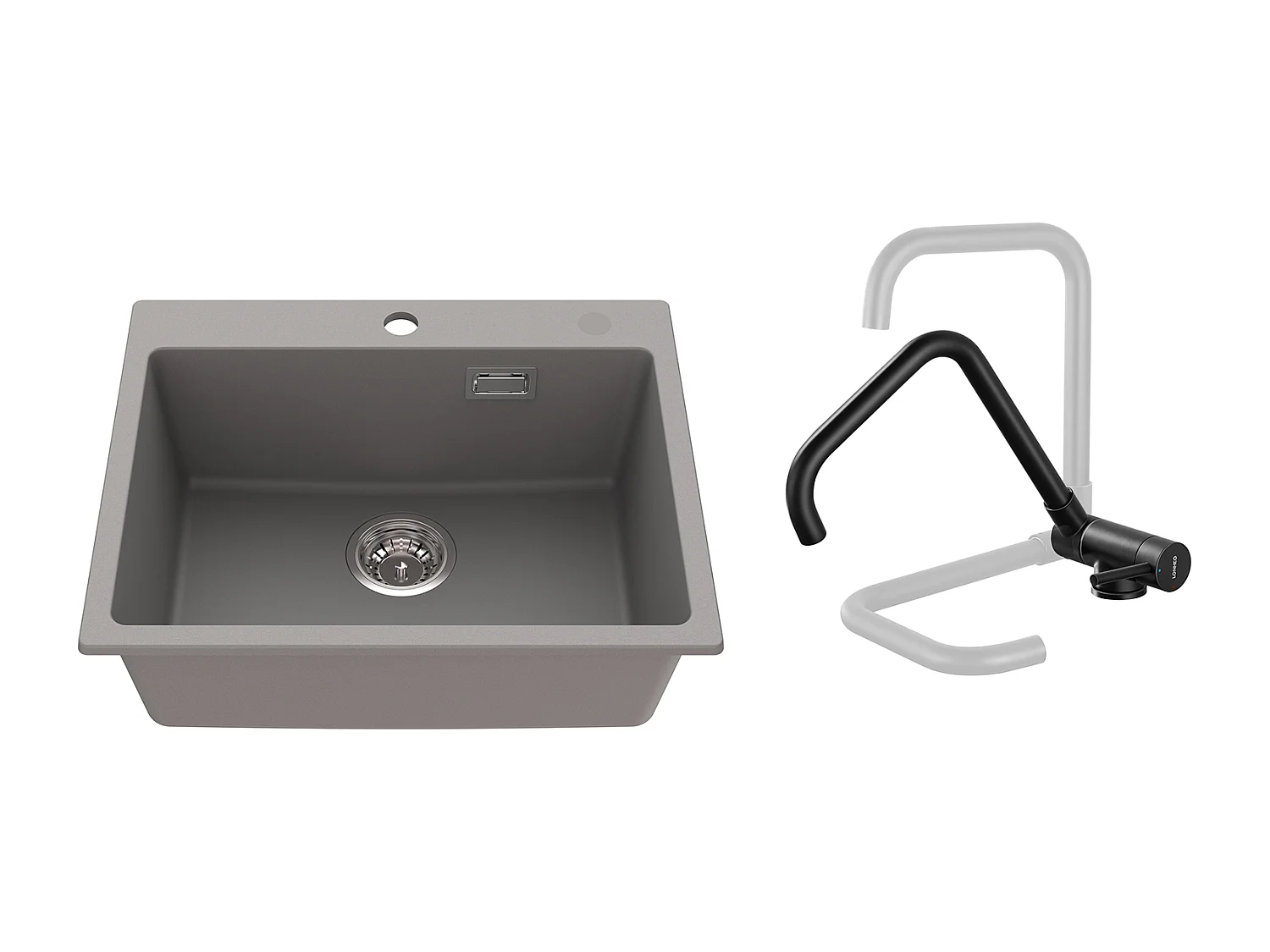 1 Bac Évier Cuisine en Granit,55*45*20cm,Kit de Vidage,Gris+Mitigeur Cuisine Rabattable Pivotant 360° Eau froid Chaud,Noir