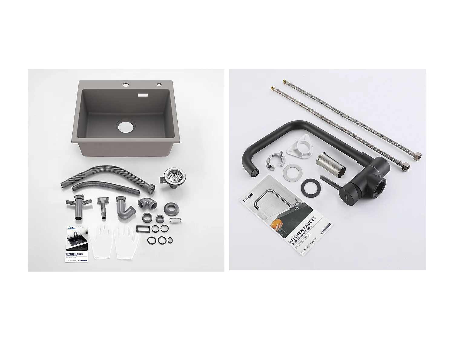 1 Bac Évier Cuisine en Granit,55*45*20cm,Kit de Vidage,Gris+Mitigeur Cuisine Rabattable Pivotant 360° Eau froid Chaud,Noir