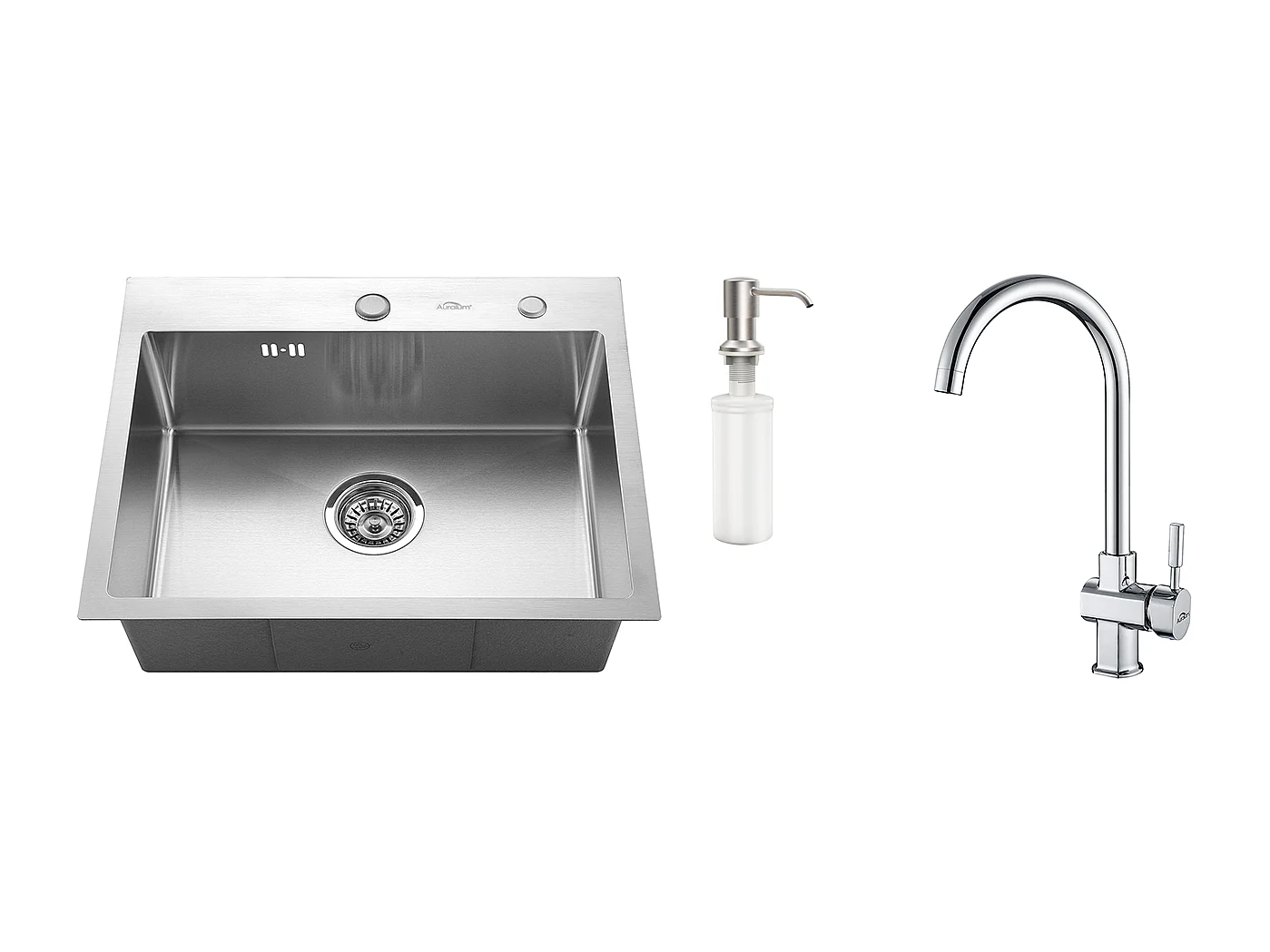 Lavello cucina 1 vasca  55*45CM Lavello incasso e da posare con distributore di sapone+rubinetto da cucina cromato girevole 360° Acqua fredda/calda