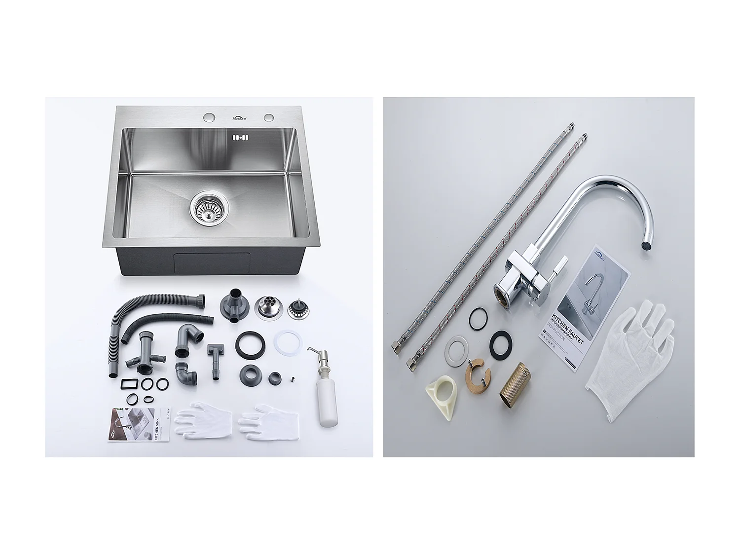 Lavello cucina 1 vasca  55*45CM Lavello incasso e da posare con distributore di sapone+rubinetto da cucina cromato girevole 360° Acqua fredda/calda