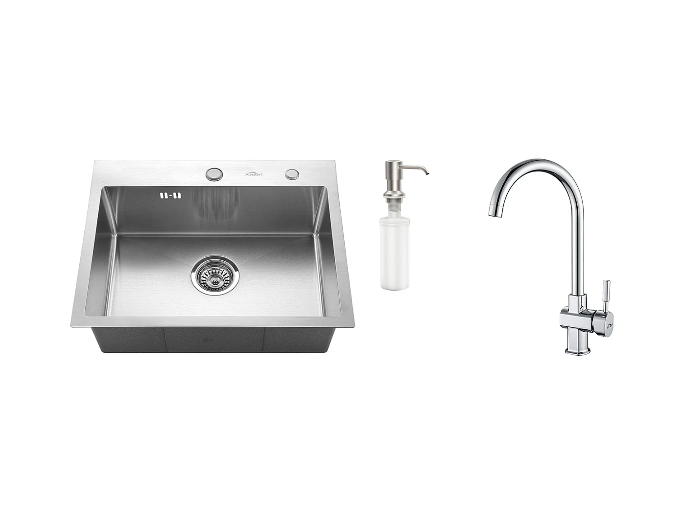 AanspoelbakSine 1 Bak 55*45CM Inbouw- en Opbouwspoelbak met Zeepdispenser+Verchroomde Keukenkraan 360° Draaibaar Koud/Warm Water