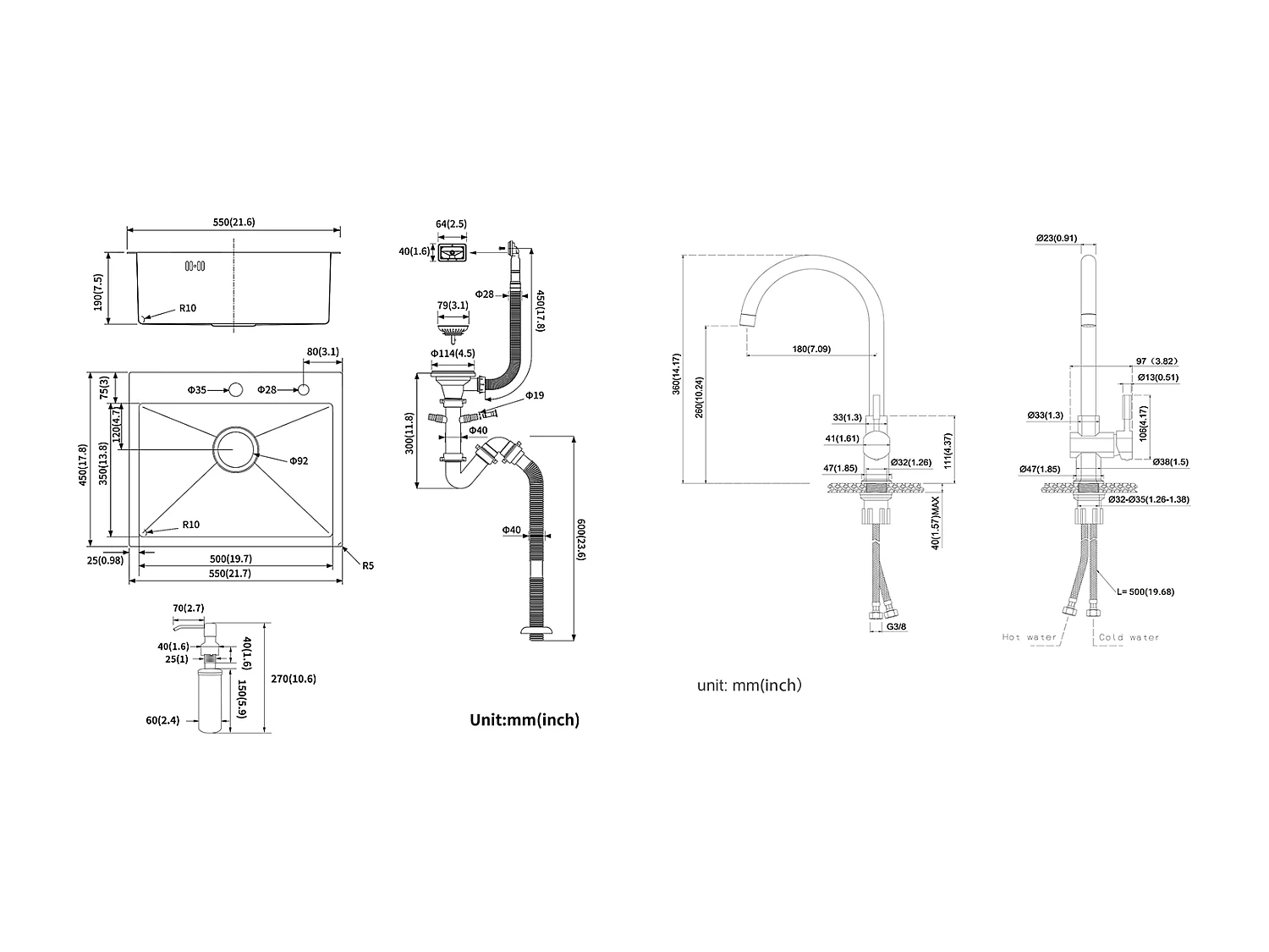Lavello cucina 1 vasca  55*45CM Lavello incasso e da posare con distributore di sapone+rubinetto da cucina cromato girevole 360° Acqua fredda/calda