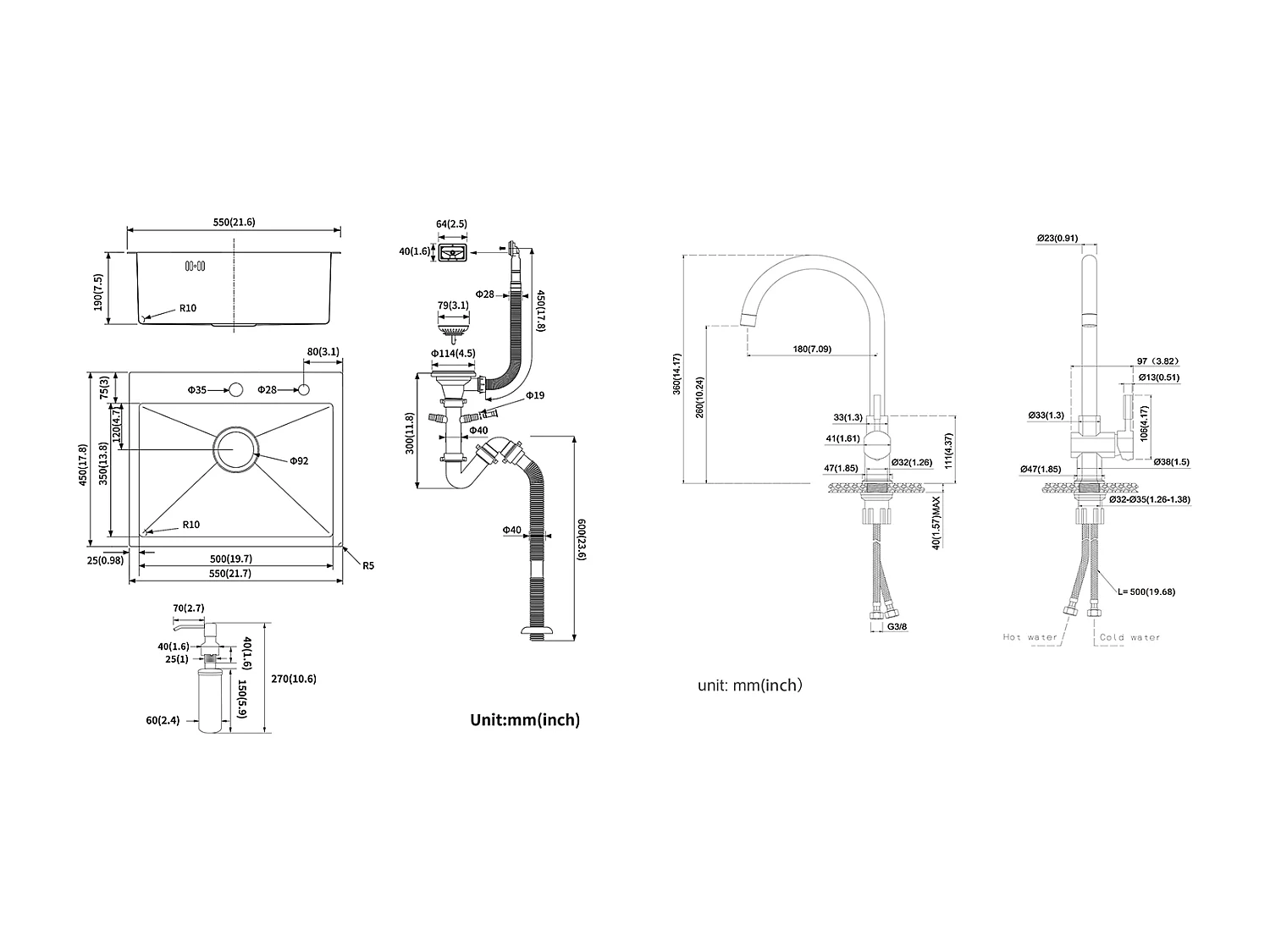 Évier Cuisine 1 Bac 55*45CM Évier Encastré et à Poser avec Distributeur de Savon+Robinet de Cuisine Chromé Pivotant à 360°  Eau Froide/Chaude