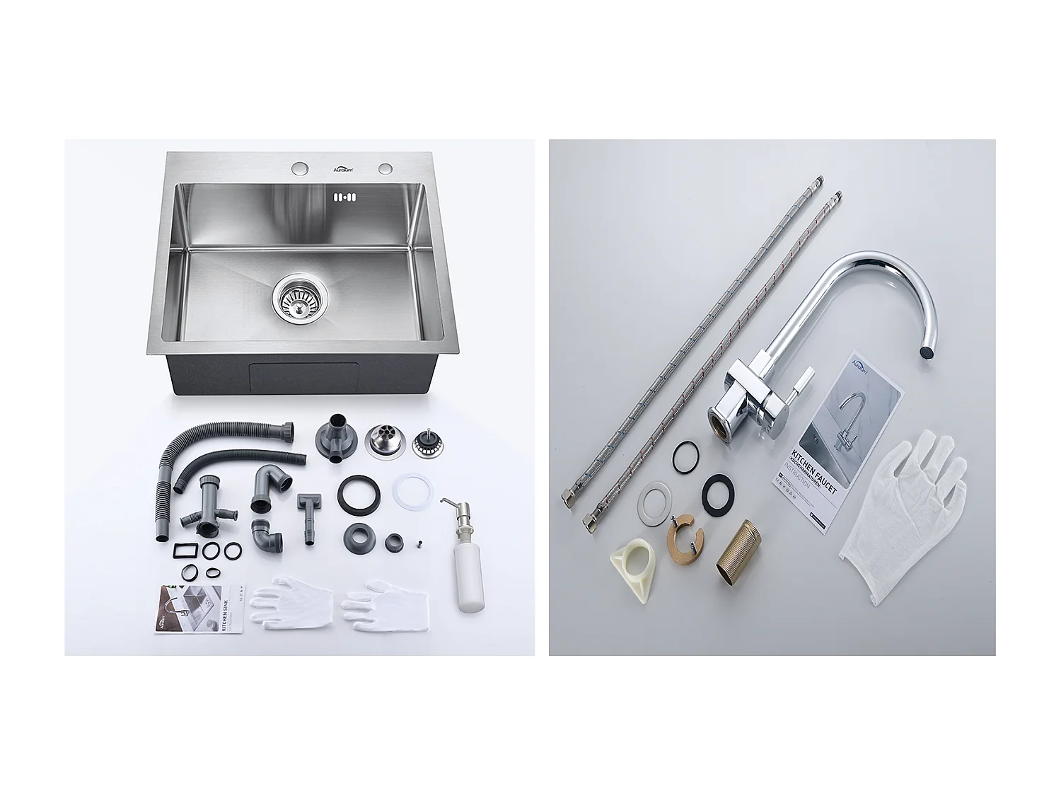 Évier Cuisine 1 Bac 55*45CM Évier Encastré et à Poser avec Distributeur de Savon+Robinet de Cuisine Chromé Pivotant à 360°  Eau Froide/Chaude