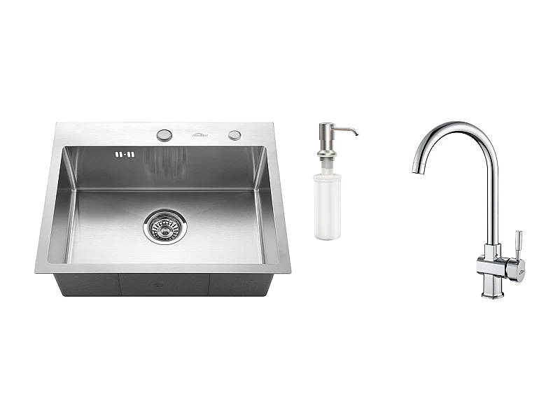 Évier Cuisine 1 Bac 55*45CM Évier Encastré et à Poser avec Distributeur de Savon+Robinet de Cuisine Chromé Pivotant à 360°  Eau Froide/Chaude