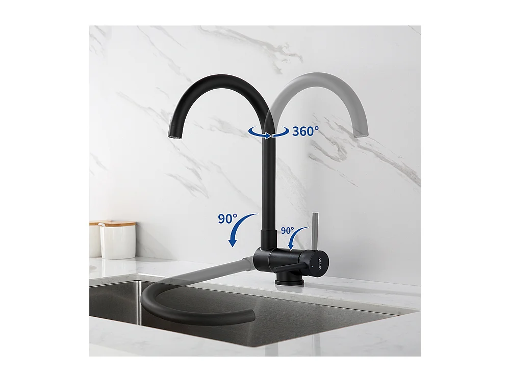 Auralum Max Einzelbecken Küchenspüle 60*44*20CM, Edelstahl, Einbauspüle mit Ablaufkorb, Schwarz + Küchenmischbatterie, 304 Edelstahl, 360° schwenkbar, Schwarz