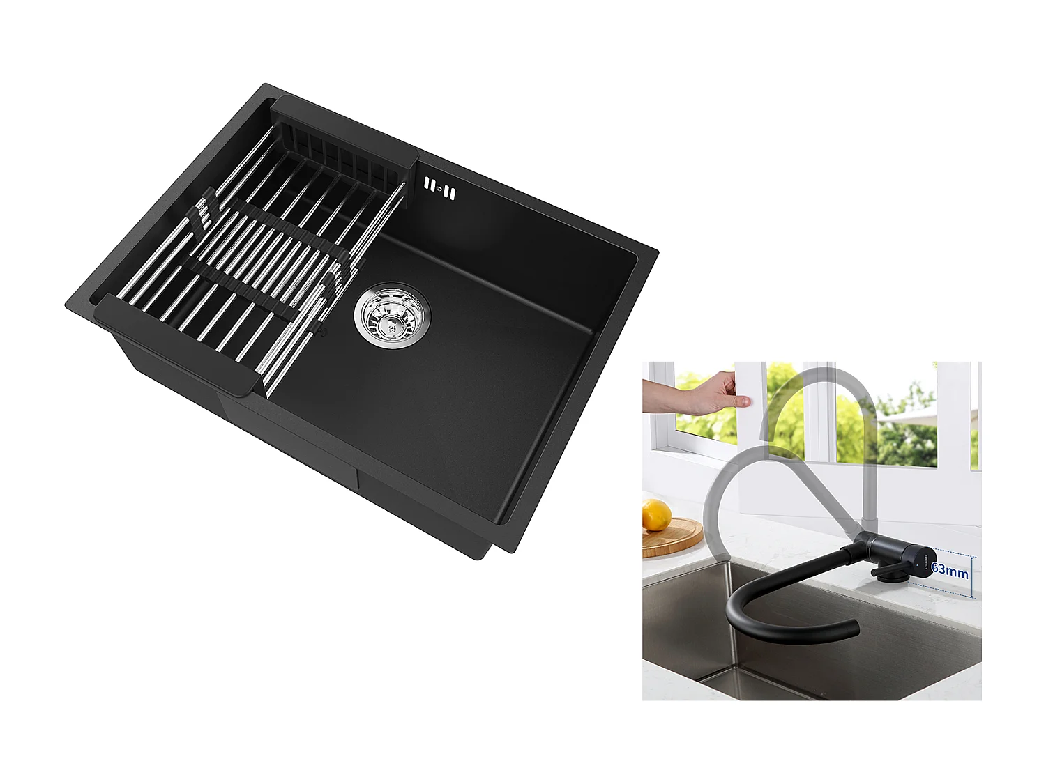 Auralum Max Évier Cuisine 1 Bac 60*44*20CM,inox,à Encastrer avec Panier Drainage,Noir+Mitigeur Cuisine,Acier Inox 304 Rabattable Pivotant 360°,Noir