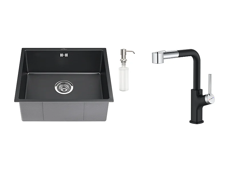 Évier Noir 1 Bac 50x43x18,5CM,Acier Inoxydable, avec Distrubuteur de savon + Robinet de Cuisine Inox Extractible Rotatif à 360 °