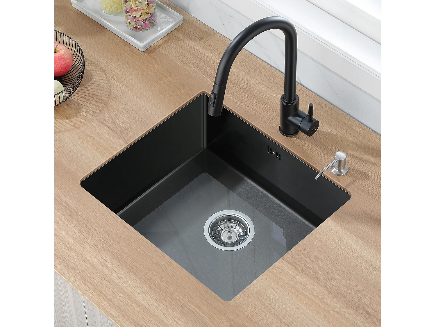 Évier Noir 1 Bac 50x43x18,5CM,Acier Inoxydable, avec Distrubuteur de savon + Robinet de Cuisine Inox Extractible Rotatif à 360 °