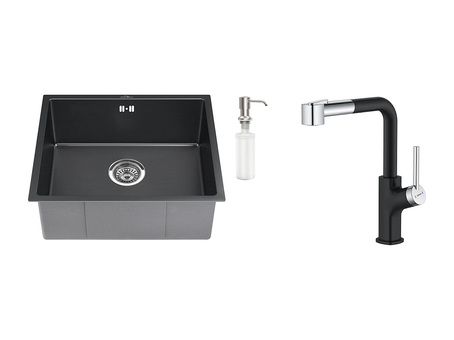 Évier Noir 1 Bac 50x43x18,5CM,Acier Inoxydable, avec Distrubuteur de savon + Robinet de Cuisine Inox Extractible Rotatif à 360 °