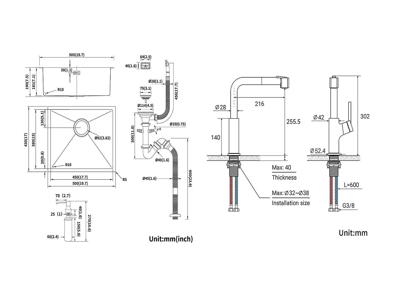 Évier Noir 1 Bac 50x43x18,5CM,Acier Inoxydable, avec Distrubuteur de savon + Robinet de Cuisine Inox Extractible Rotatif à 360 °