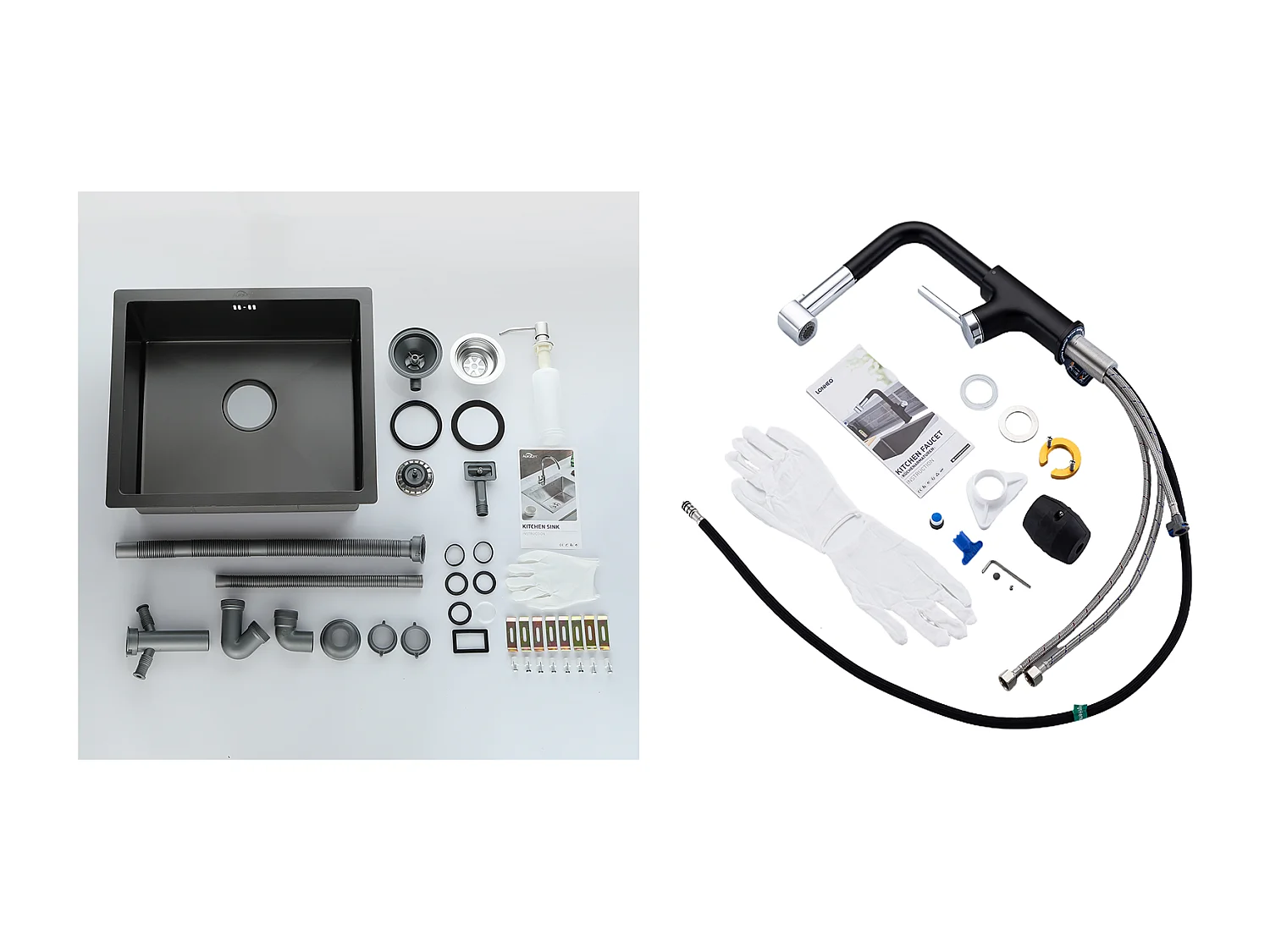 Évier Noir 1 Bac 50x43x18,5CM,Acier Inoxydable, avec Distrubuteur de savon + Robinet de Cuisine Inox Extractible Rotatif à 360 °