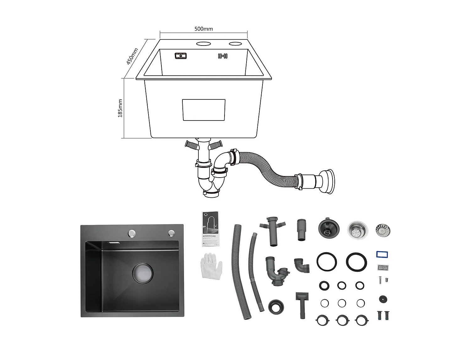 Cecipa max Evier Cuisine 1 Bac 50×45×18.5CM Évier Inox 1 Cuve avec Siphon et Trop-Plein Évier de Cuisine,EU Modèle