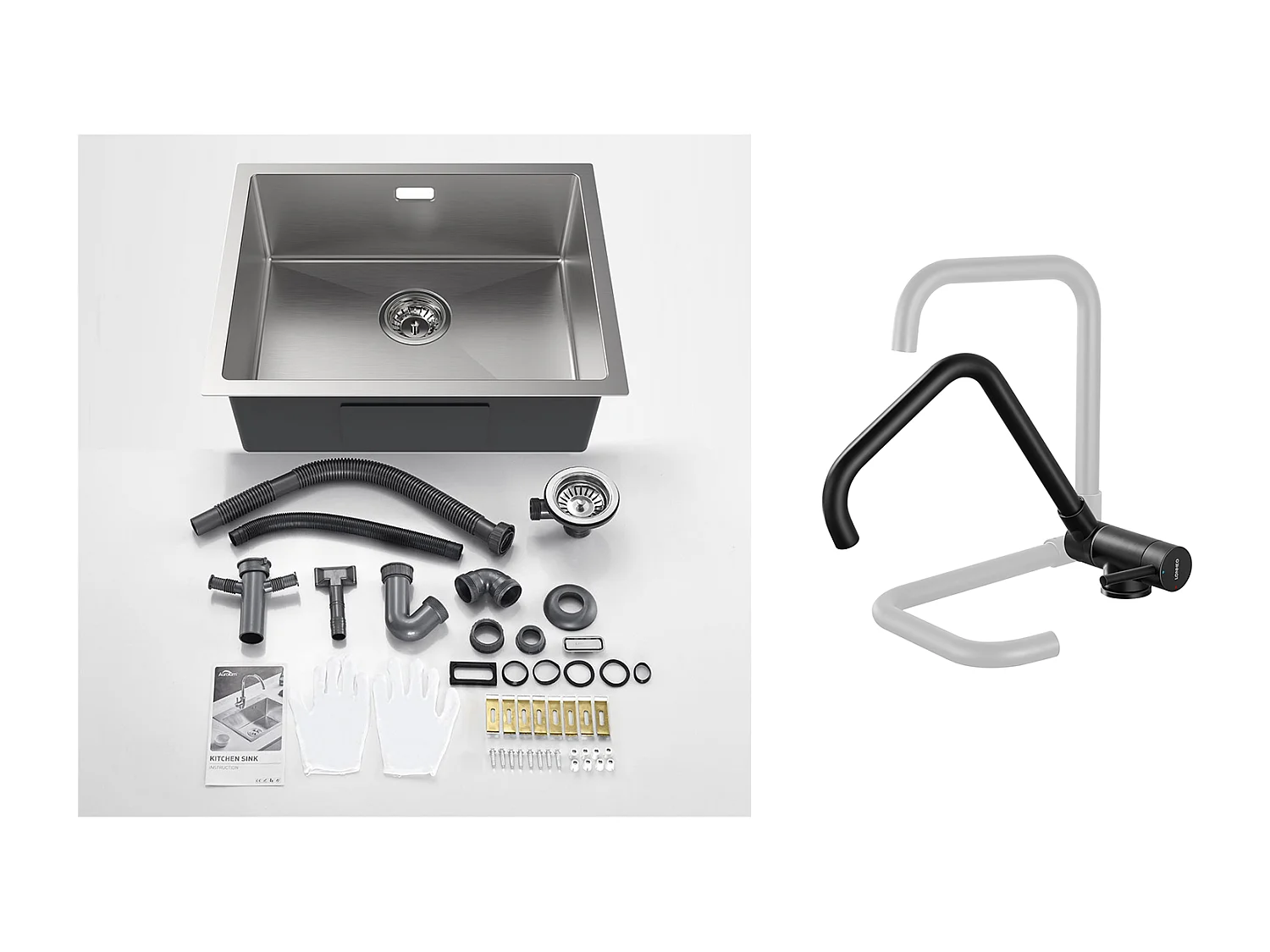 2 en1 Évier de Cuisine 1 Bac 55*44*19CM, à Encastrer/Fleur/ Sous-Plan, Brossé+Mitigeur Cuisine Rabattable Pivotant 360° Eau froid Chaud,Noir