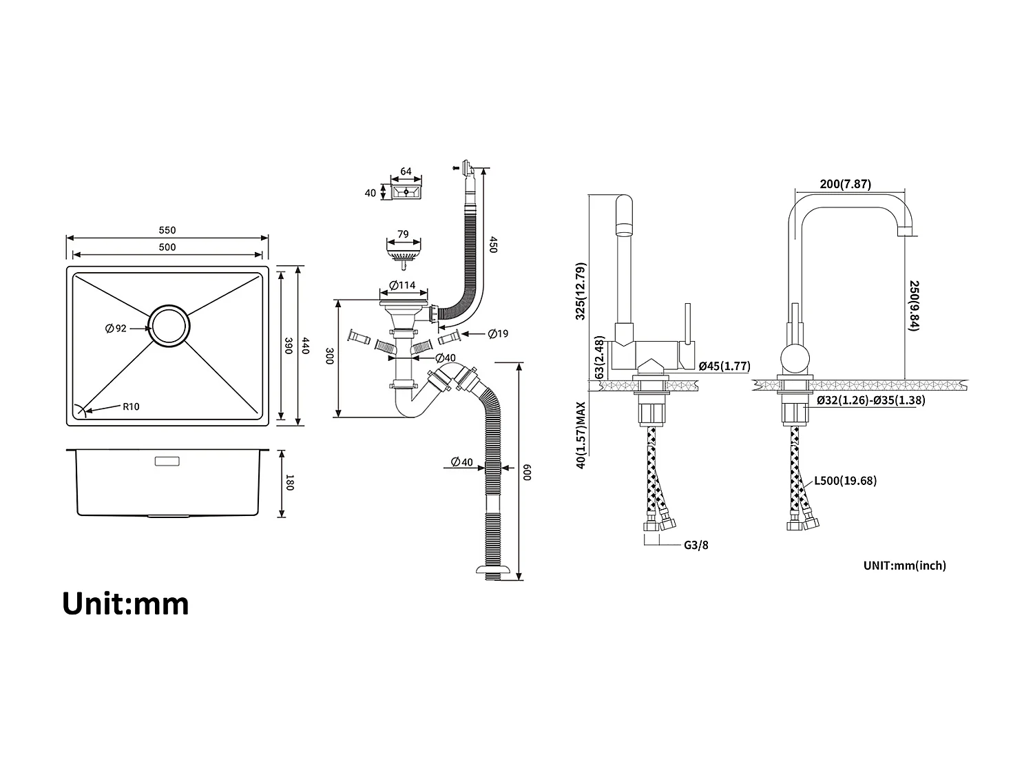 2 en1 Évier de Cuisine 1 Bac 55*44*19CM, à Encastrer/Fleur/ Sous-Plan, Brossé+Mitigeur Cuisine Rabattable Pivotant 360° Eau froid Chaud,Noir