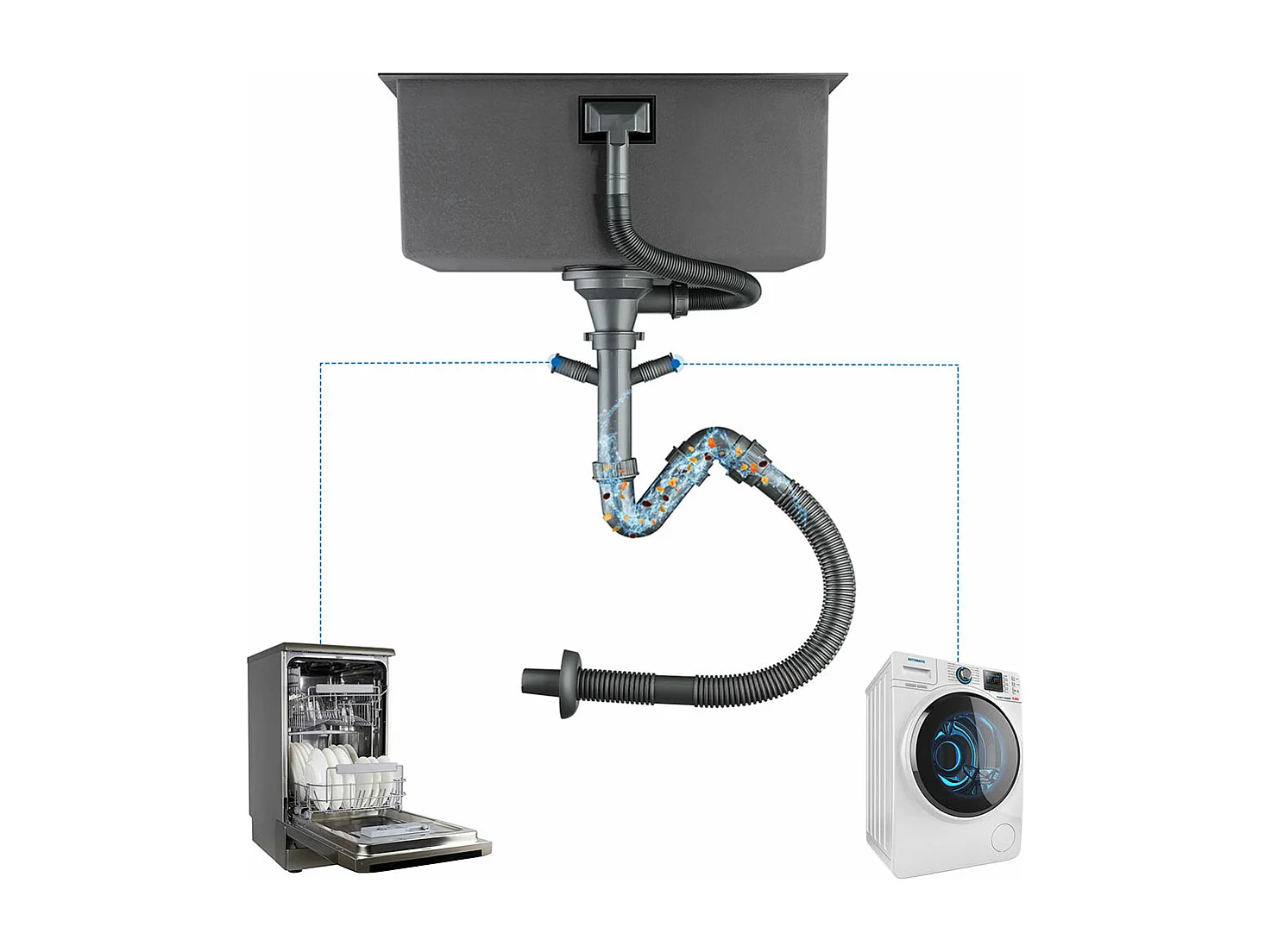 2 en1 Évier de Cuisine 1 Bac 55*44*19CM, à Encastrer/Fleur/ Sous-Plan, Brossé+Mitigeur Cuisine Rabattable Pivotant 360° Eau froid Chaud,Noir