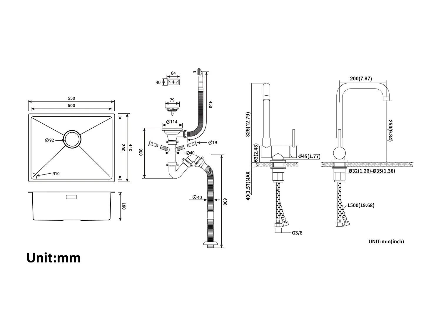 2 en1 Évier de Cuisine 1 Bac 55*44*19CM, à Encastrer/Fleur/ Sous-Plan, Brossé+Mitigeur Cuisine Rabattable Pivotant 360° Eau froid Chaud,Noir