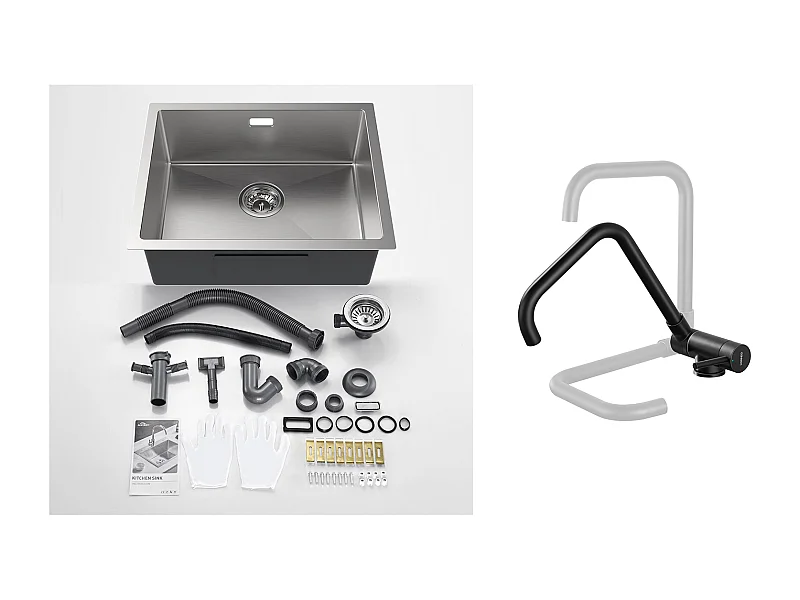 Lavello Cucina 1 Vassoio 55*44*19CM,da incasso/Fiore/Sub-Plan,Spazzolato+Miscelatore Cucina Pieghevole Girevole 360° Acqua fredda Calda,Nero