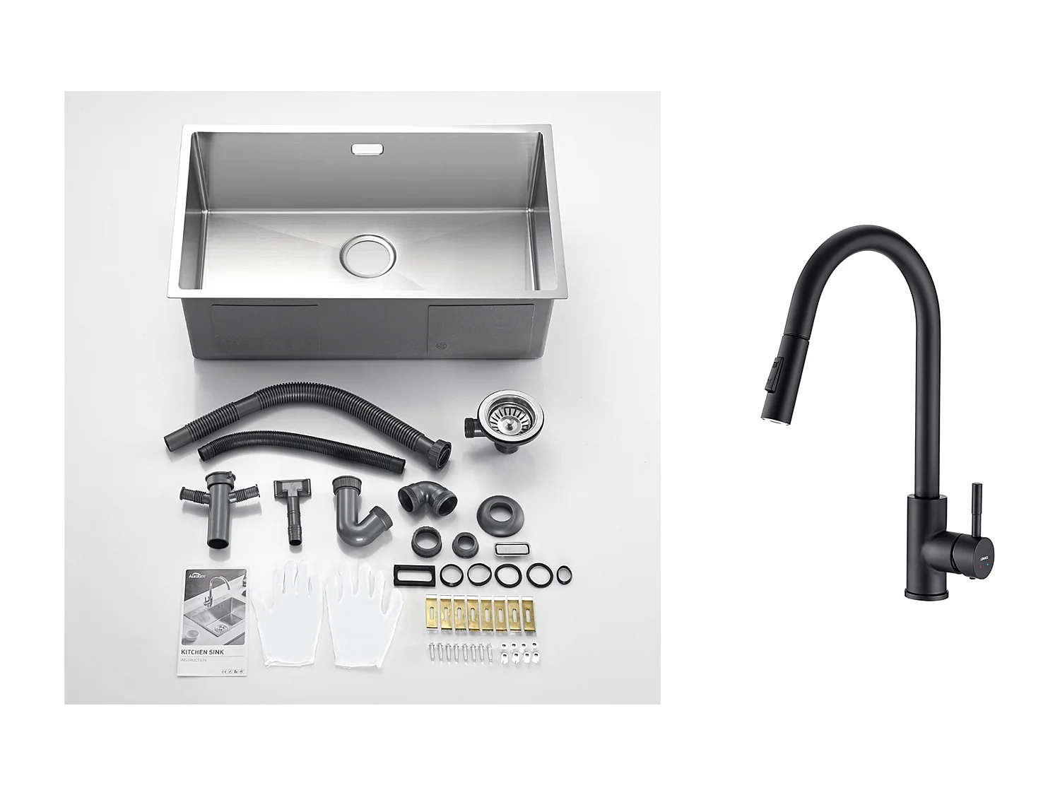 Évier Cuisine 1 Bac 74*44*20CM 304 Inox Évier Brossé avec Siphon et Trop-Plein+Robinet de Cuisine Noir, Inox Extractible Rotatif à 360 °