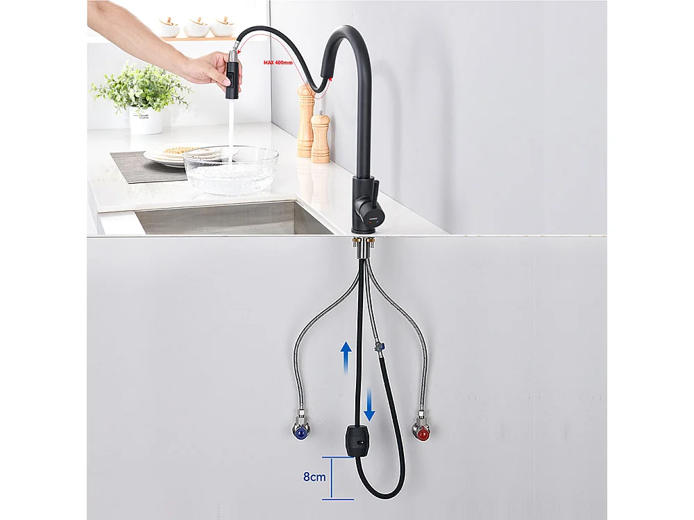 Évier Cuisine 1 Bac 74*44*20CM 304 Inox Évier Brossé avec Siphon et Trop-Plein+Robinet de Cuisine Noir, Inox Extractible Rotatif à 360 °