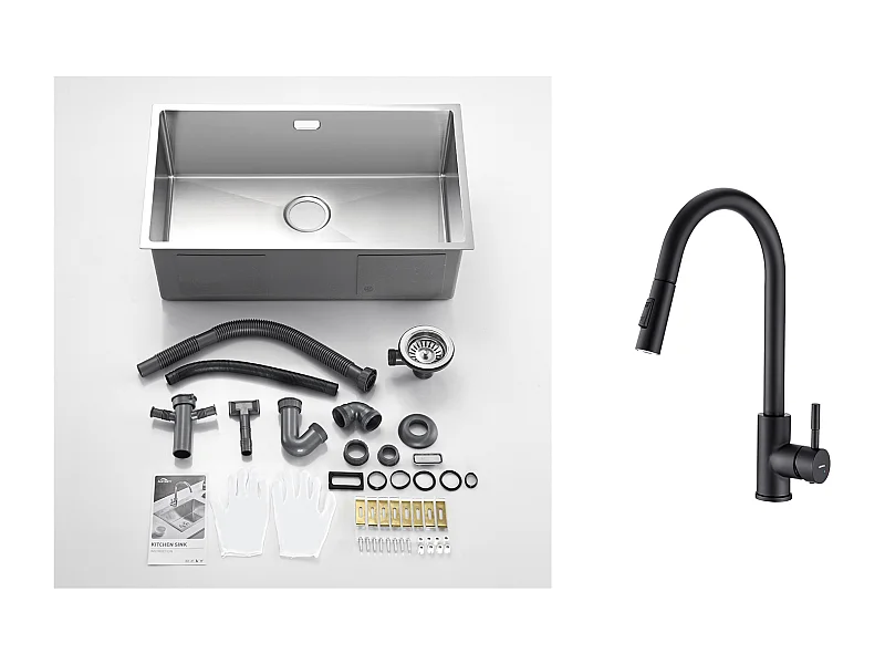 Aanrecht 1 Bak 74*44*20CM304 RVS Geborstelde spoelbak met sifon en overloop + zwarte keukenkraan, 360 ° draaibaar uittrekbaar roestvrij staal